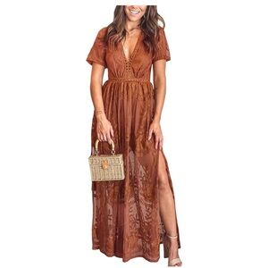 Elegant Brown Lace Maxi Dress